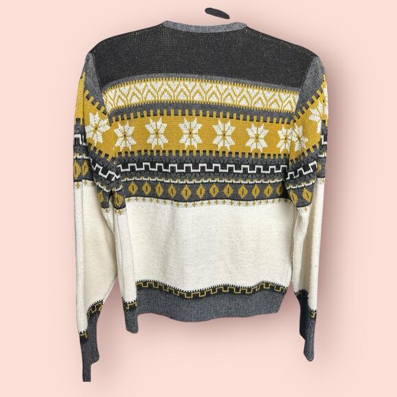 Vtg Fair Isle Snowflake Sweater Gray Yellow Cardigan Grandpa Winter Medium Ski - Picture 5 of 5